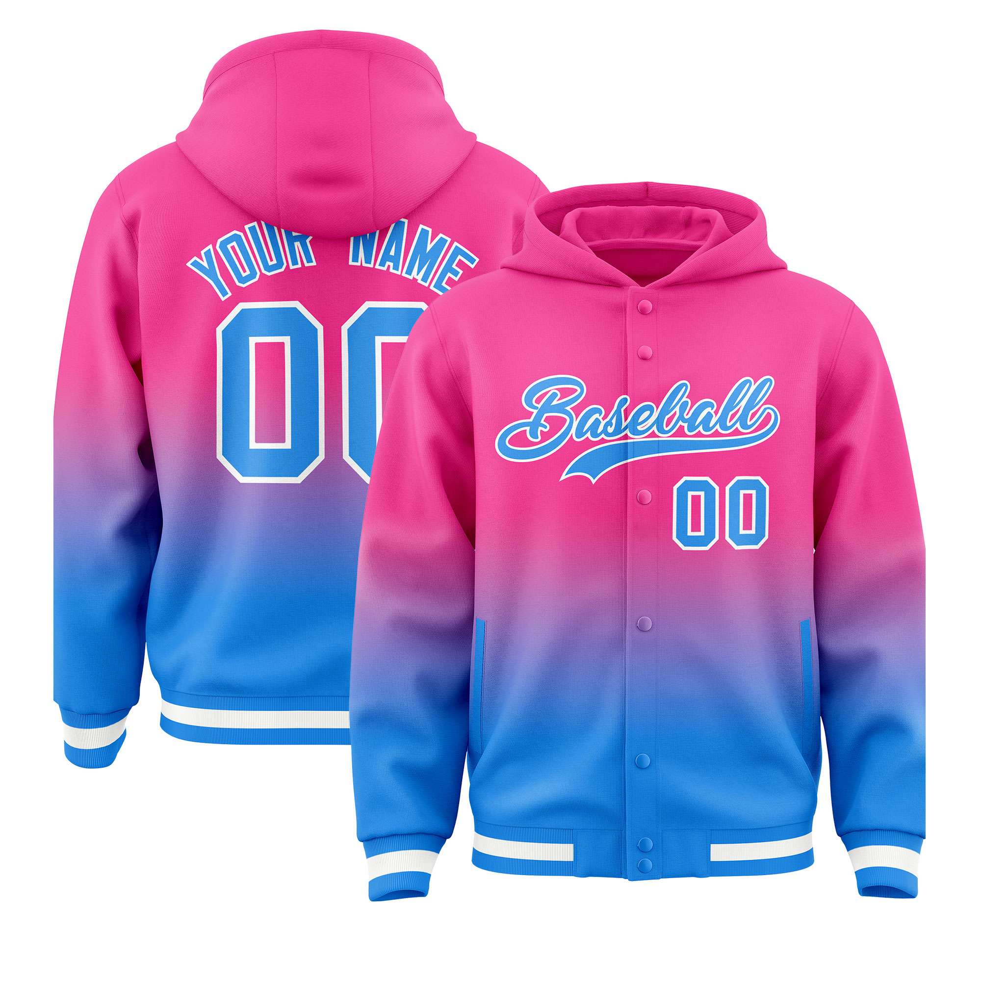 Custom Pink Blue Varsity Full-Snap Letterman Gradient Hoodie Jacket