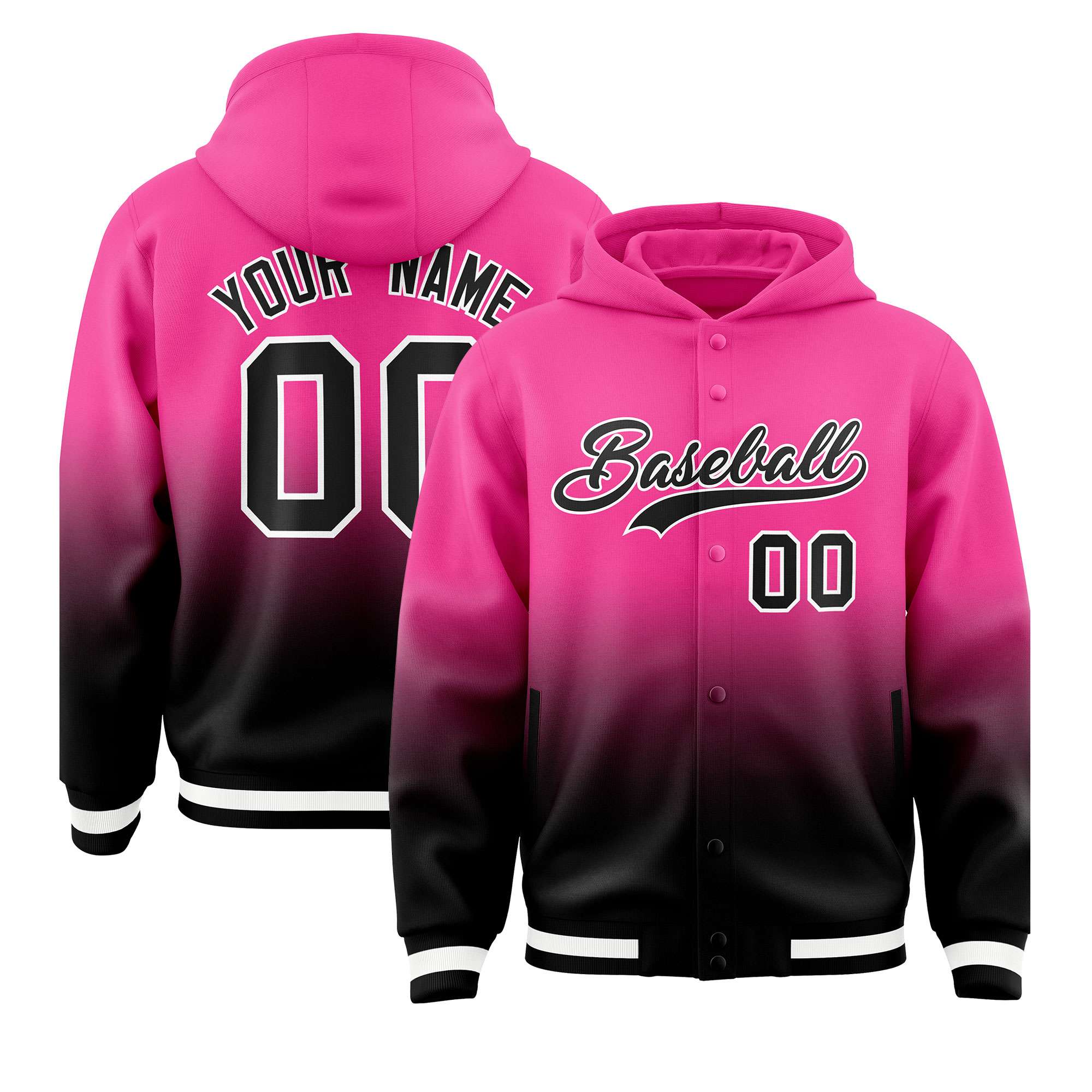 Custom Pink Black Varsity Full-Snap Letterman Gradient Hoodie Jacket