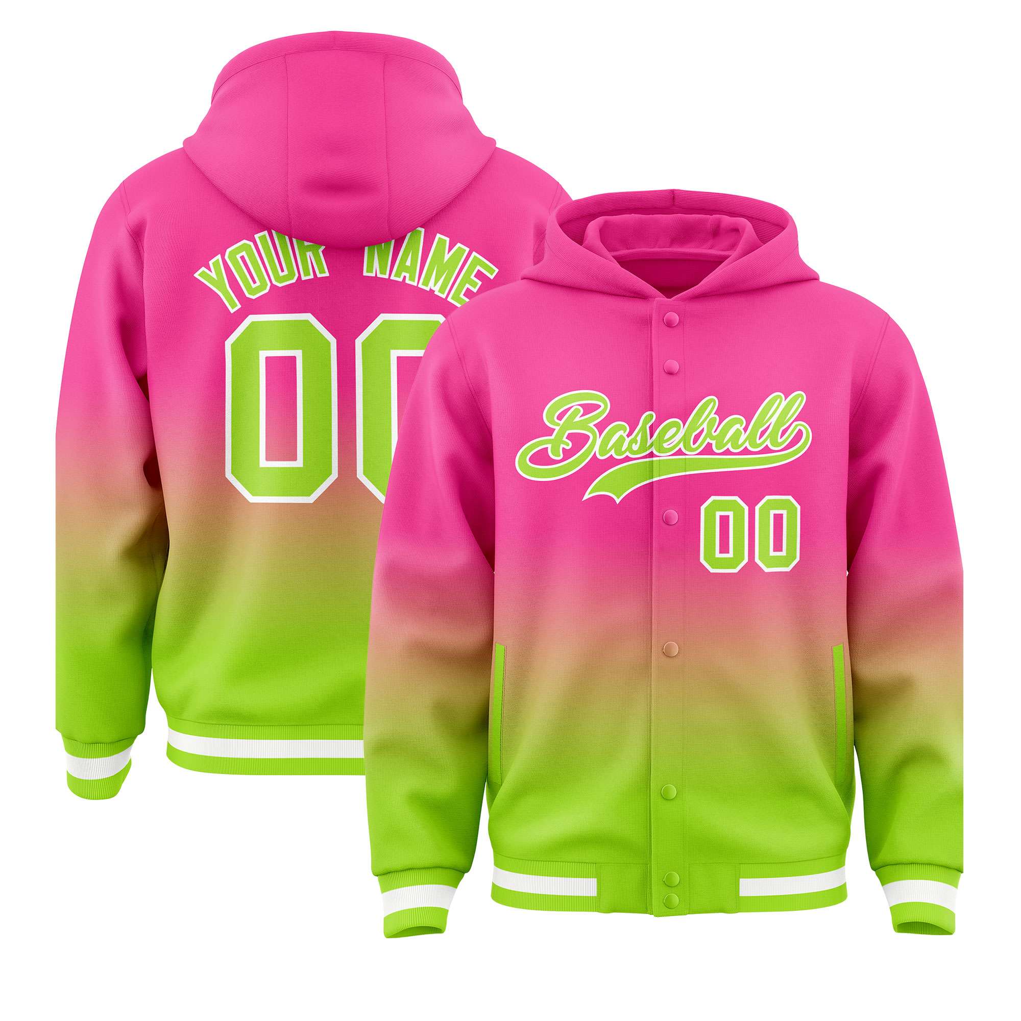 Custom Pink Neon Green Varsity Full-Snap Letterman Gradient Hoodie Jacket