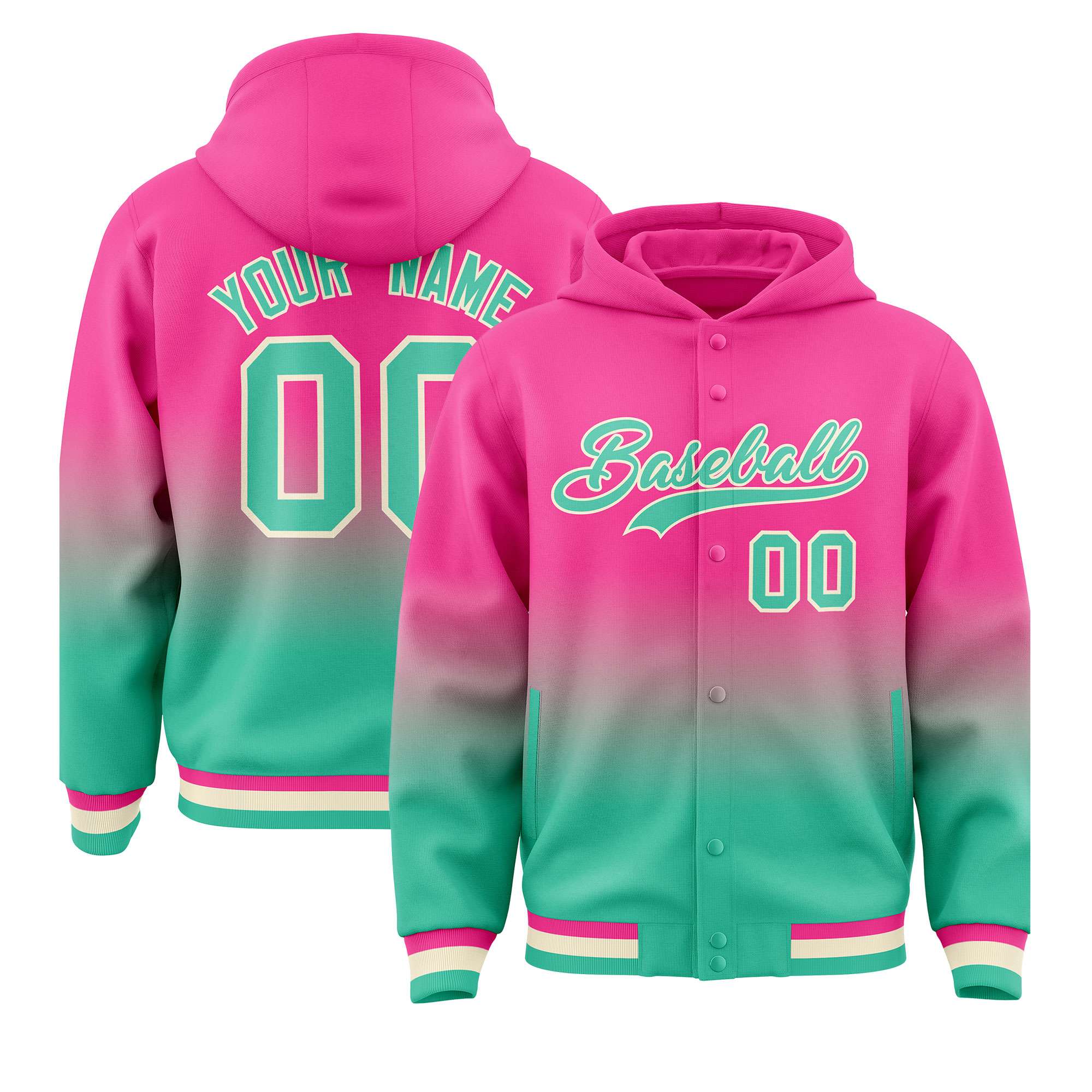 Custom Pink Bright Green Varsity Full-Snap Letterman Gradient Hoodie Jacket