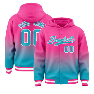 Custom Pink Sky Blue Varsity Full-Snap Letterman Gradient Hoodie Jacket