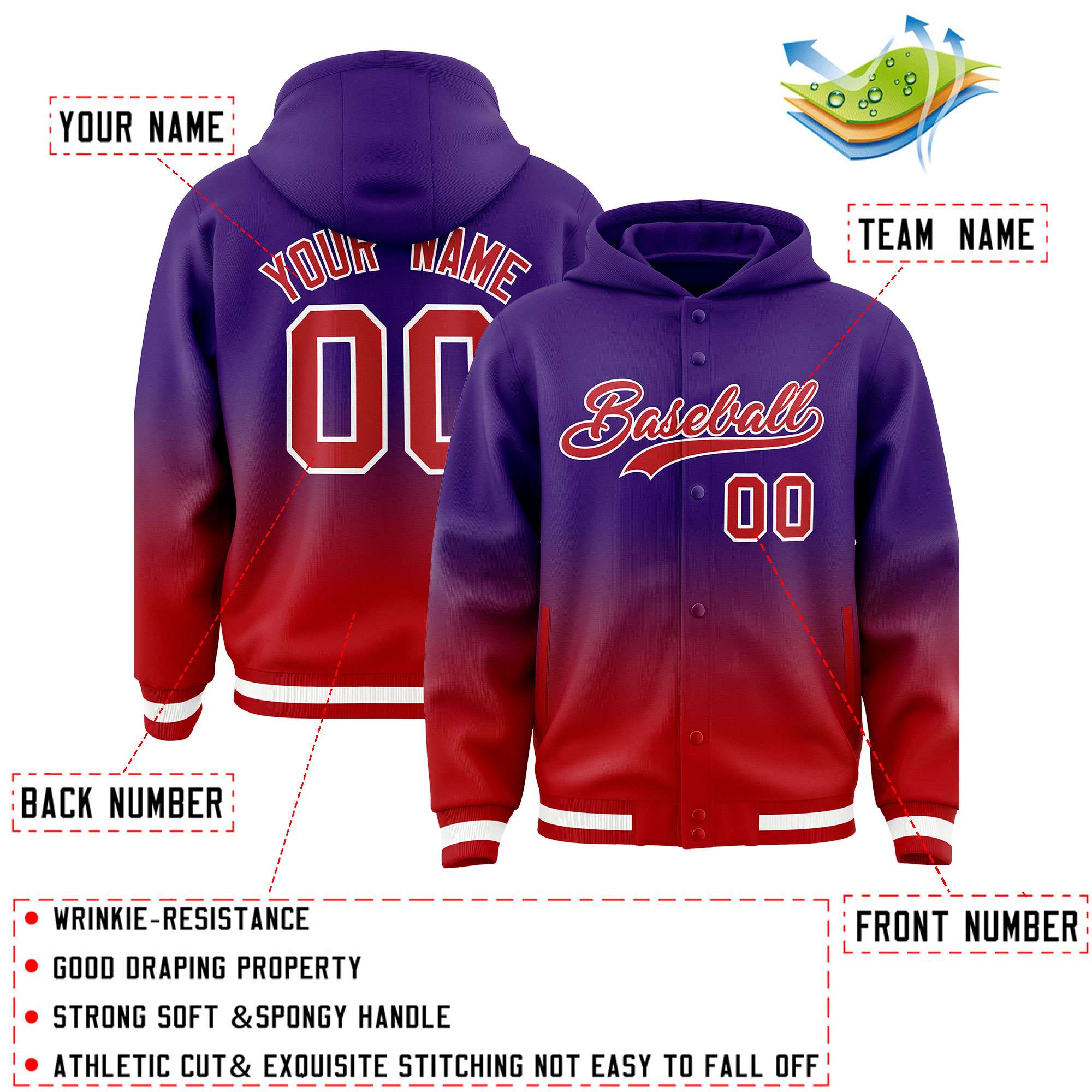 Custom Purple Red Varsity Full-Snap Letterman Gradient Hoodie Jacket