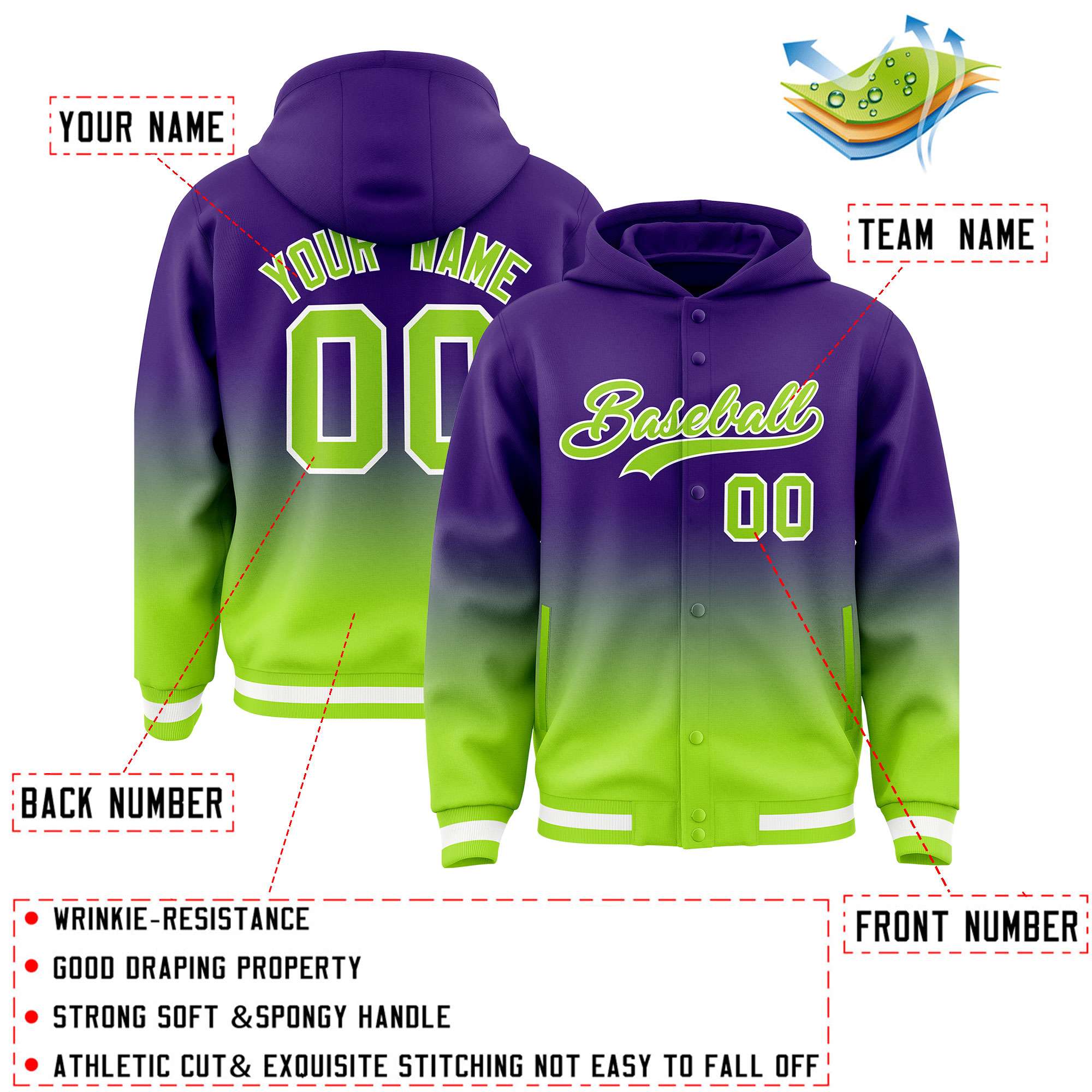 Custom Purple Neon Green Varsity Full-Snap Letterman Gradient Hoodie Jacket