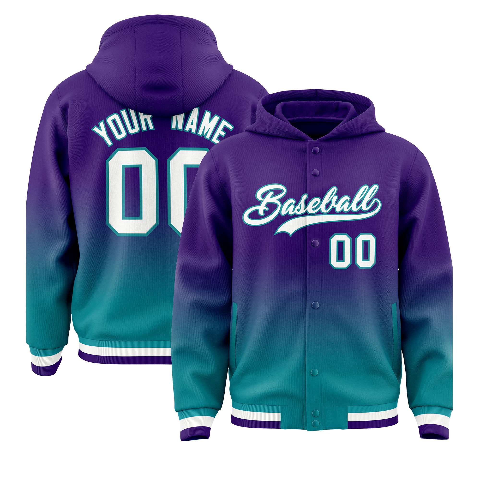 Custom Purple Teal Varsity Full-Snap Letterman Gradient Hoodie Jacket