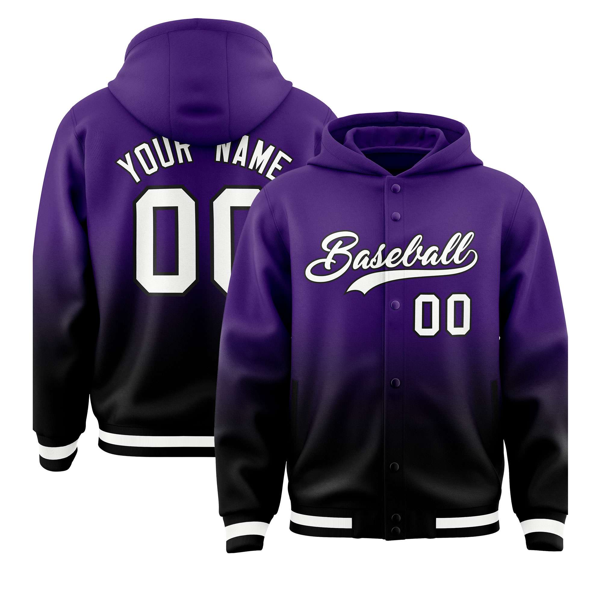 Custom Purple Black Varsity Full-Snap Letterman Gradient Hoodie Jacket