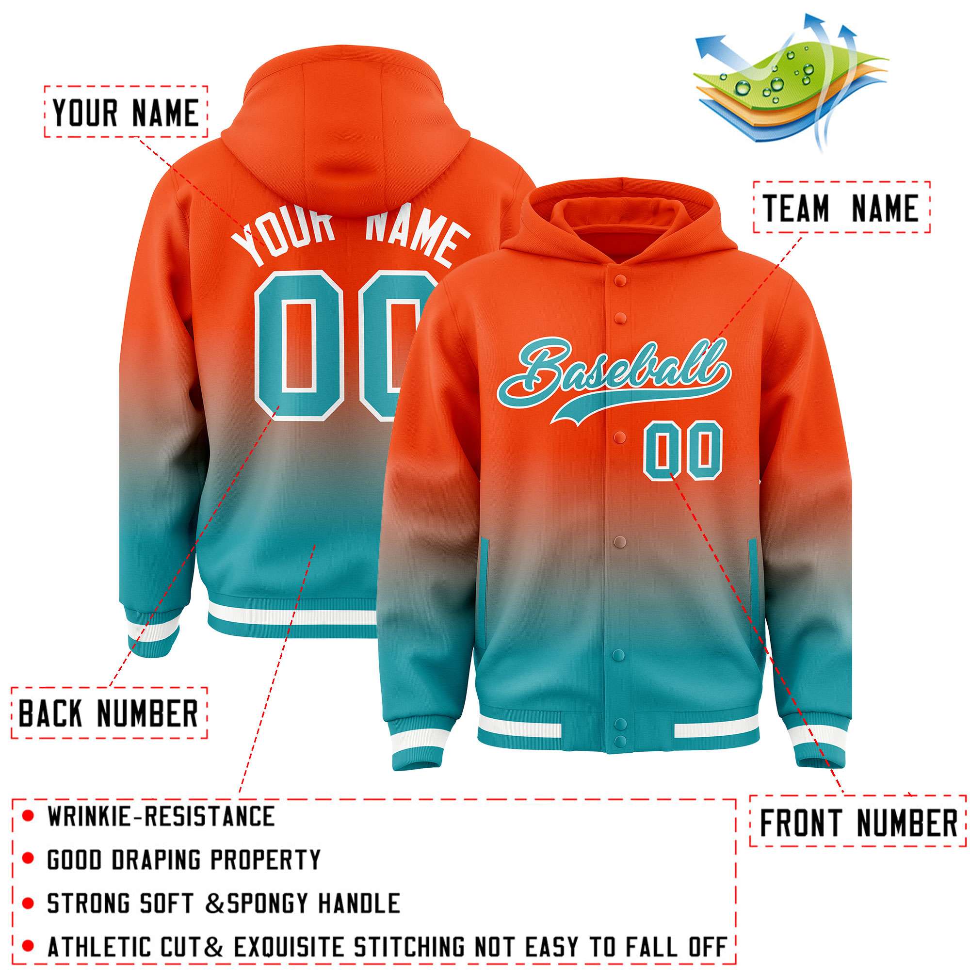 Custom Orange Aqua Varsity Full-Snap Letterman Gradient Hoodie Jacket