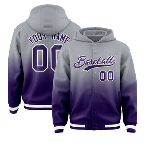 Custom Gray Purple Varsity Full-Snap Letterman Gradient Hoodie Jacket