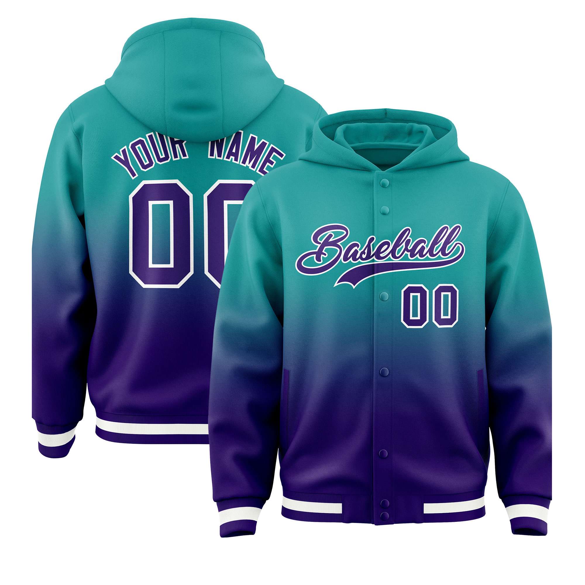 Custom Aqua Purple Varsity Full-Snap Letterman Gradient Hoodie Jacket