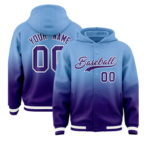 Custom Powder Blue Purple Varsity Full-Snap Letterman Gradient Hoodie Jacket