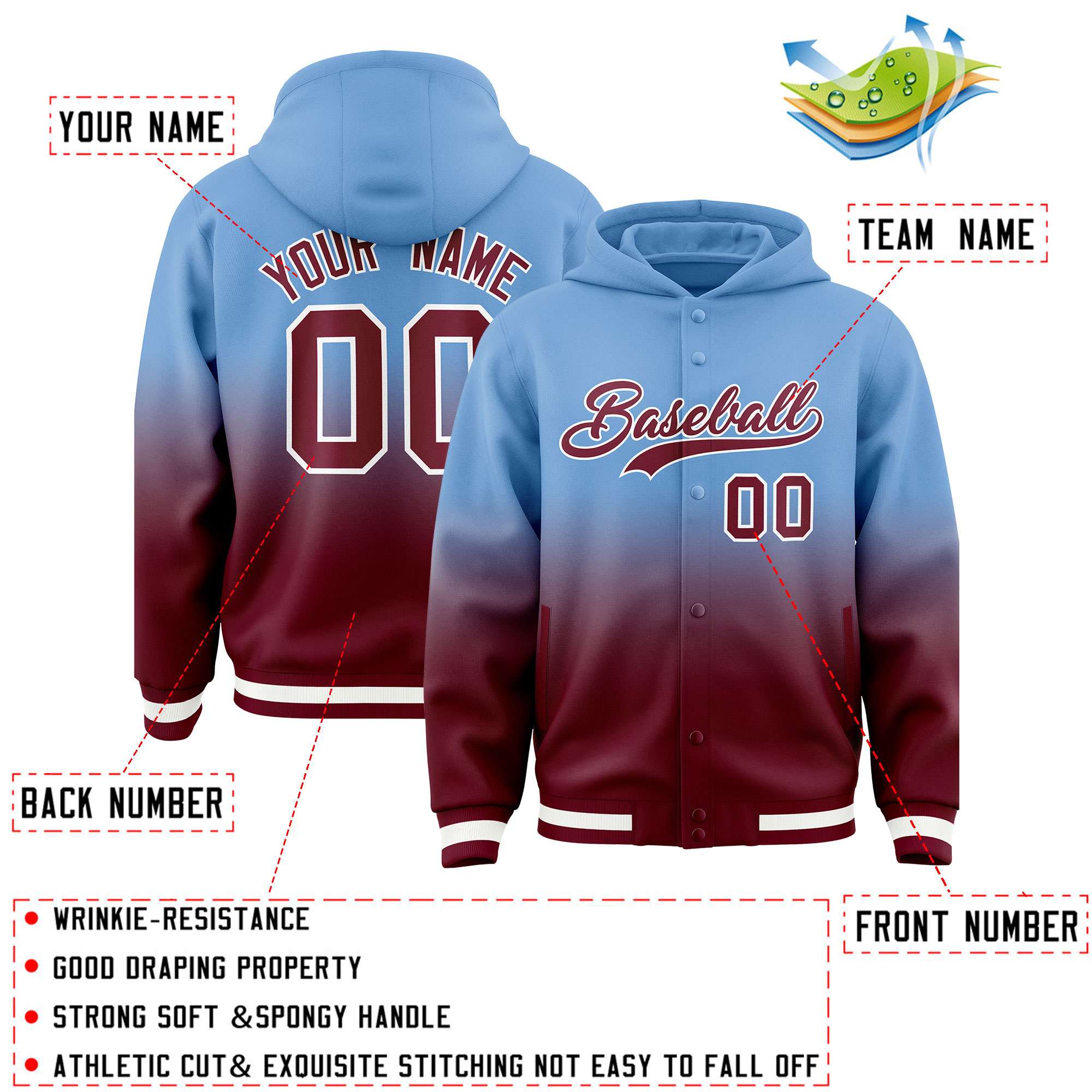 Custom Powder Blue Crimson Varsity Full-Snap Letterman Gradient Hoodie Jacket