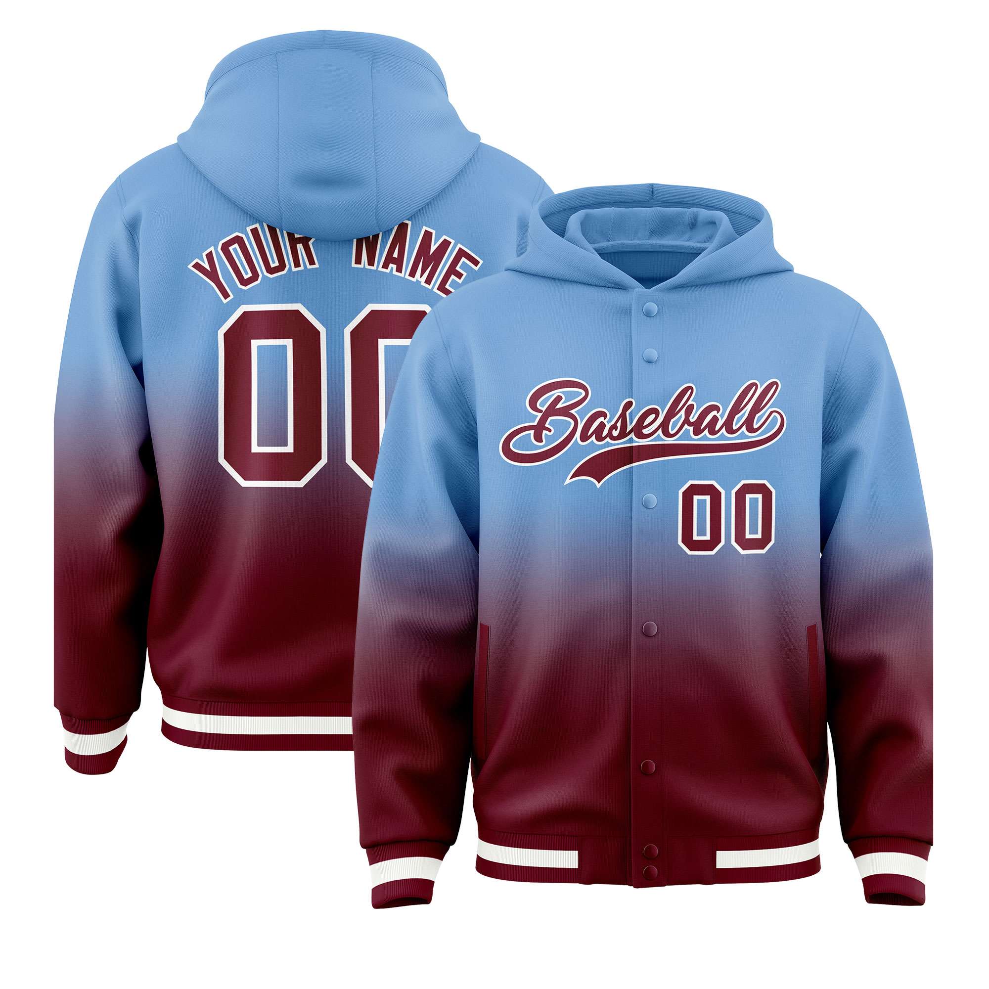 Custom Powder Blue Crimson Varsity Full-Snap Letterman Gradient Hoodie Jacket