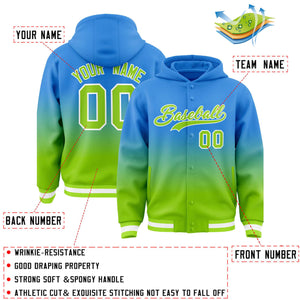 Custom Blue Neon Green Varsity Full-Snap Letterman Gradient Hoodie Jacket