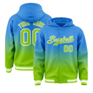 Custom Blue Neon Green Varsity Full-Snap Letterman Gradient Hoodie Jacket