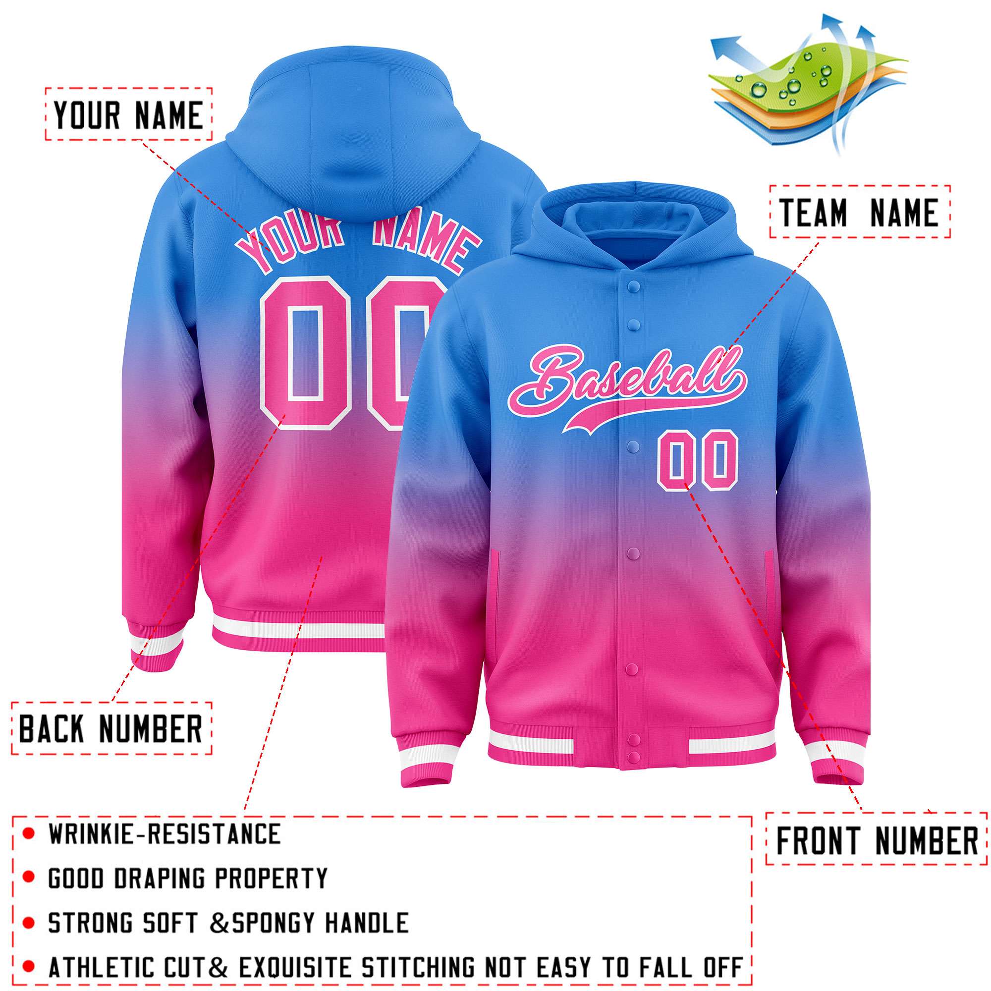 Custom Blue Pink Varsity Full-Snap Letterman Gradient Hoodie Jacket