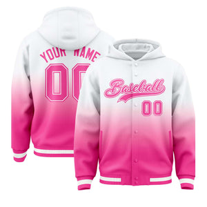 Custom White Pink Varsity Full-Snap Letterman Gradient Hoodie Jacket