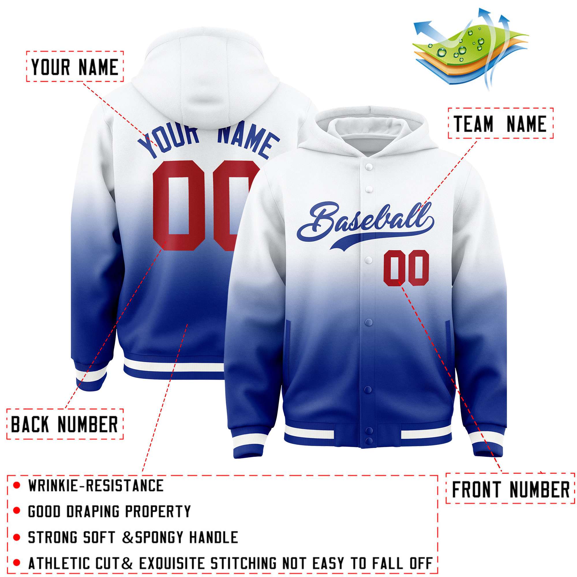 Custom White Royal Varsity Full-Snap Letterman Gradient Hoodie Jacket