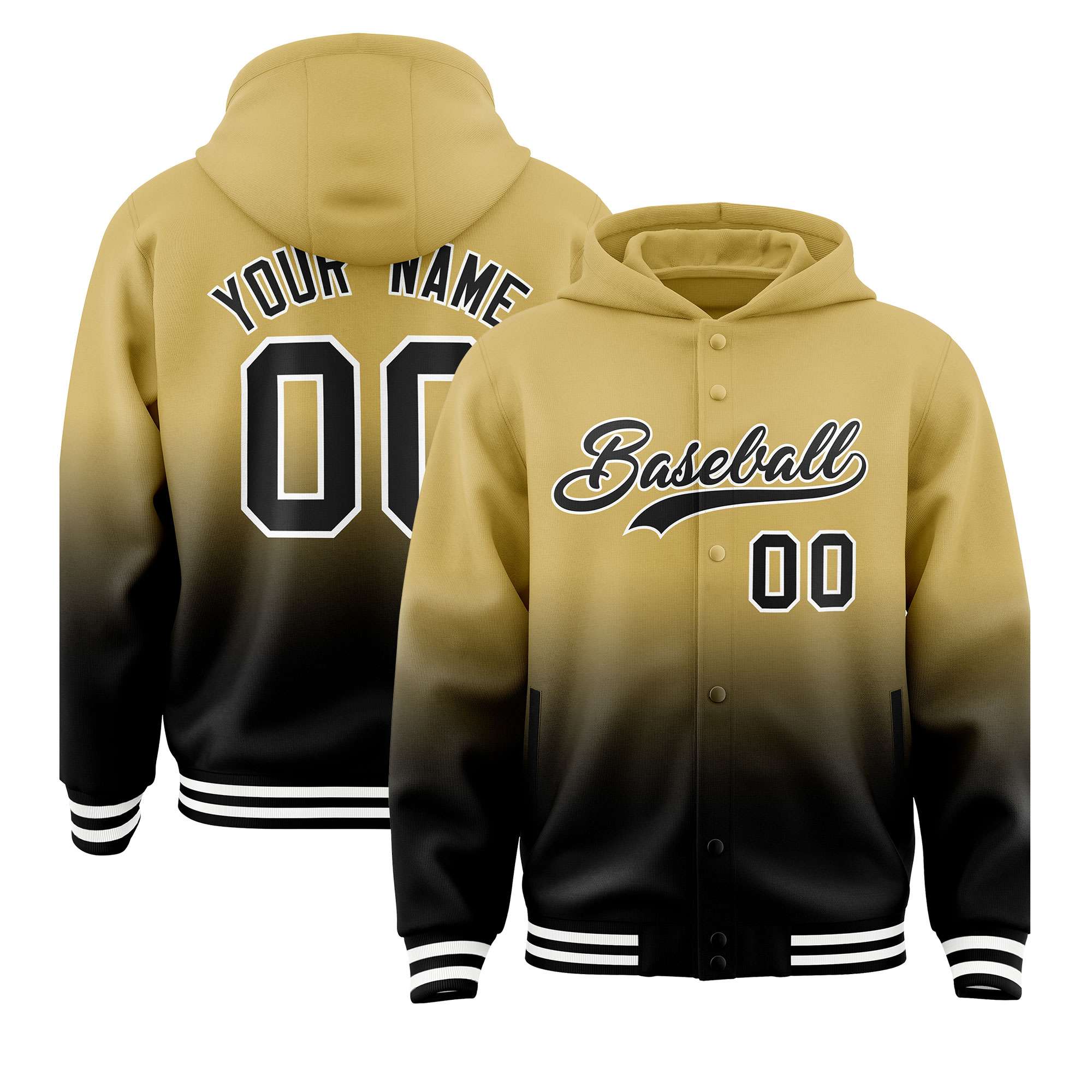 Custom Khaki Black Varsity Full-Snap Letterman Gradient Hoodie Jacket