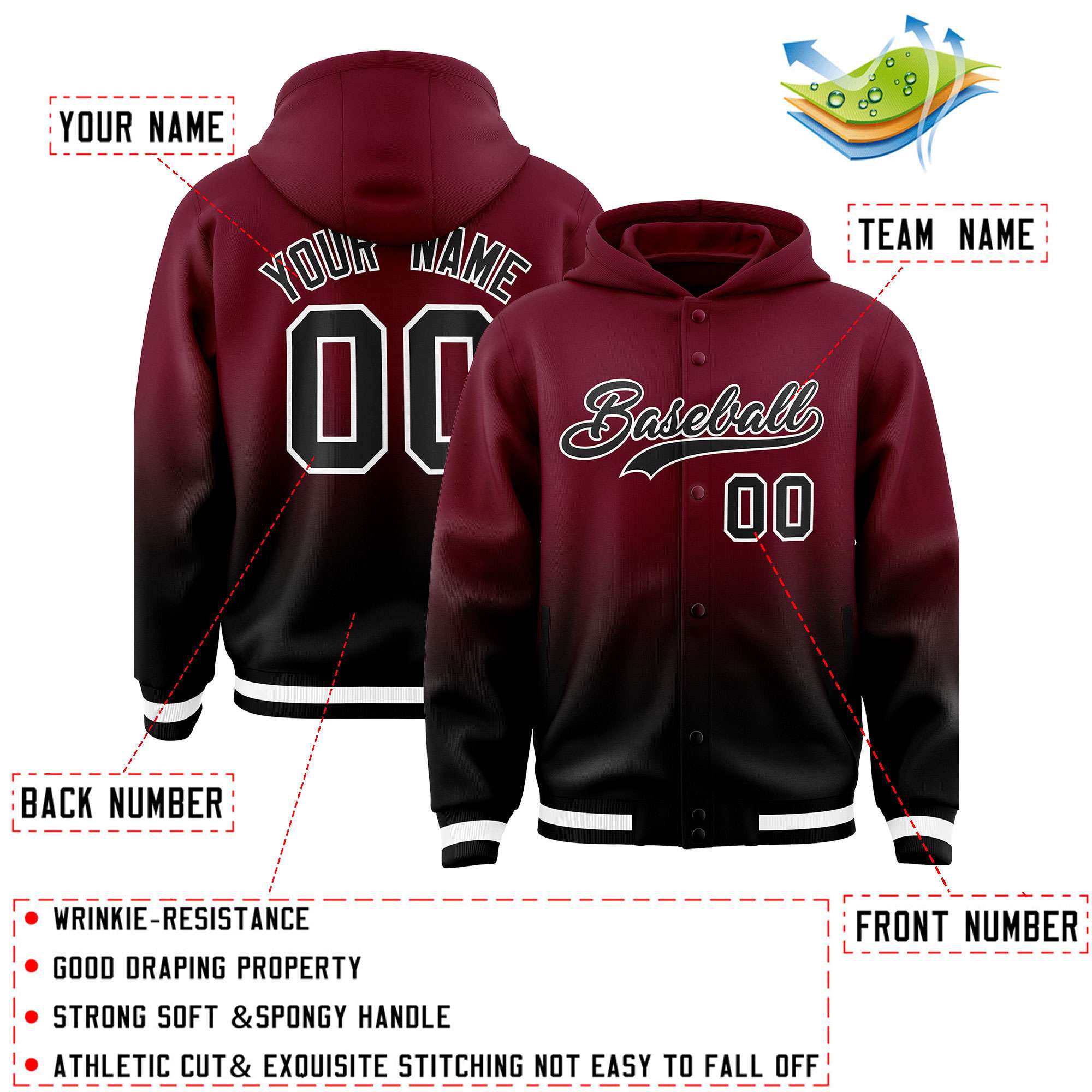 Custom Crimson Black Varsity Full-Snap Letterman Gradient Hoodie Jacket