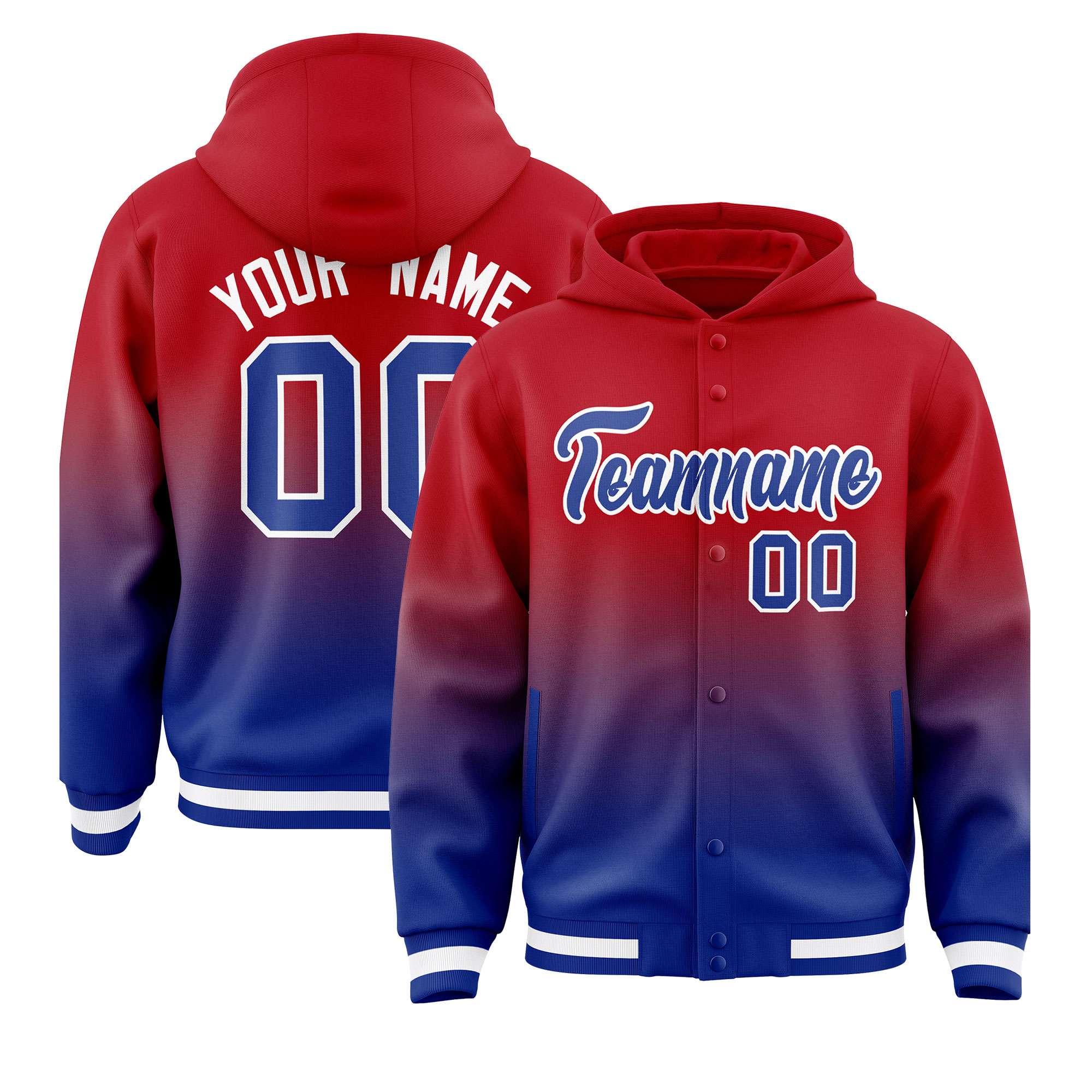 Custom Red Royal Varsity Full-Snap Letterman Gradient Hoodie Jacket