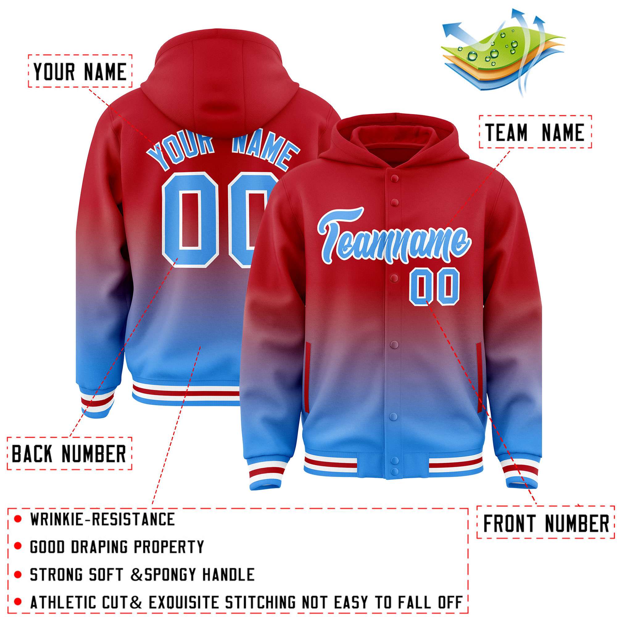 Custom Red Blue Varsity Full-Snap Letterman Gradient Hoodie Jacket