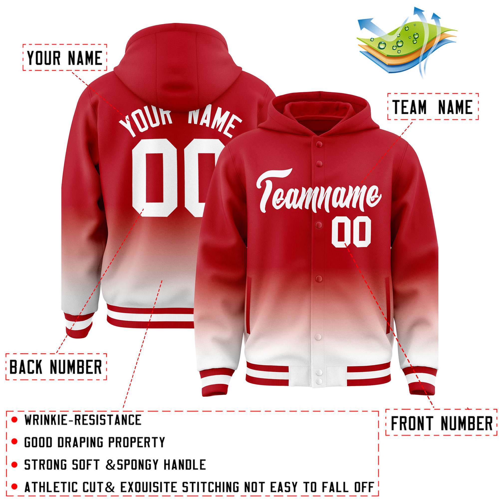 Custom Red White Varsity Full-Snap Letterman Gradient Hoodie Jacket