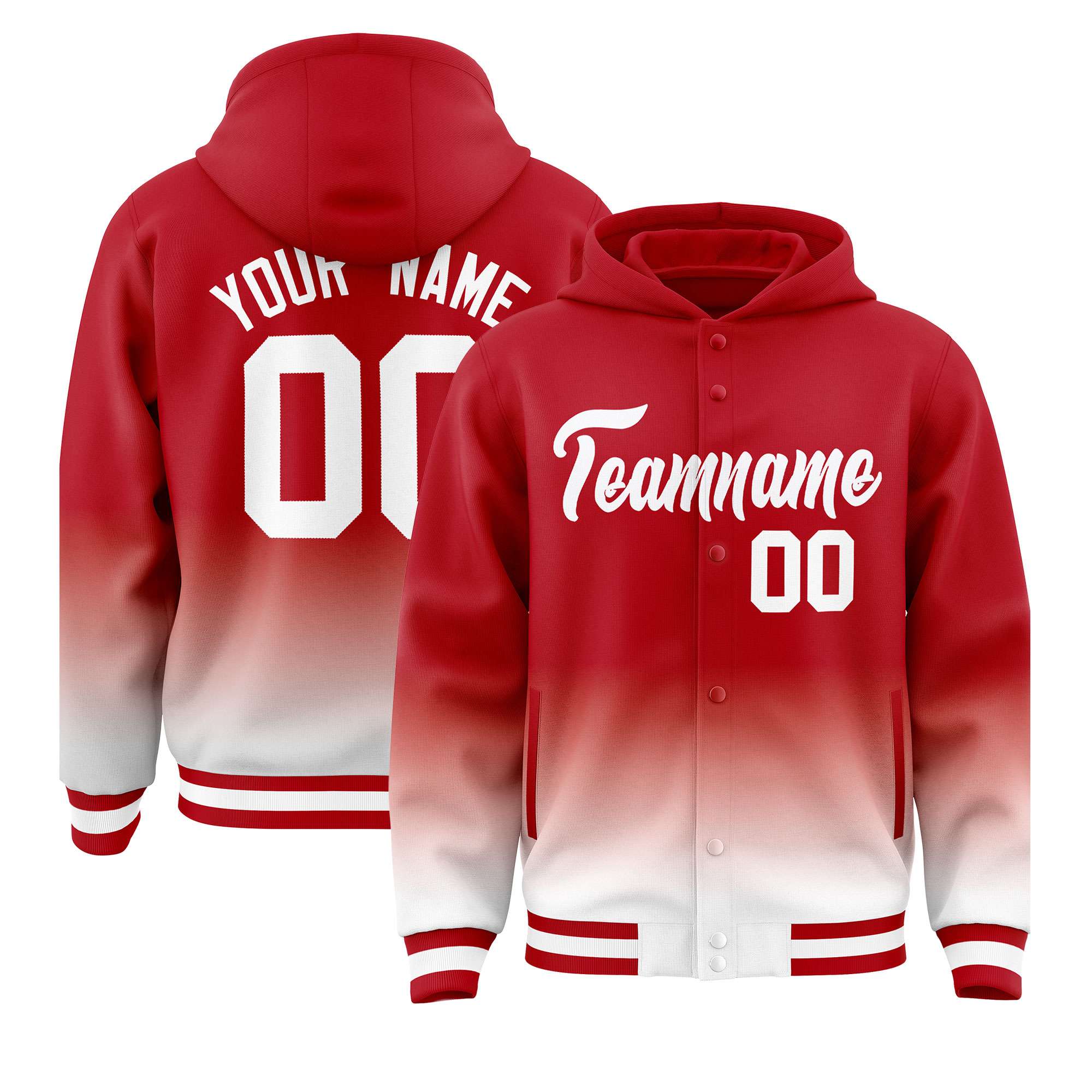 Custom Red White Varsity Full-Snap Letterman Gradient Hoodie Jacket