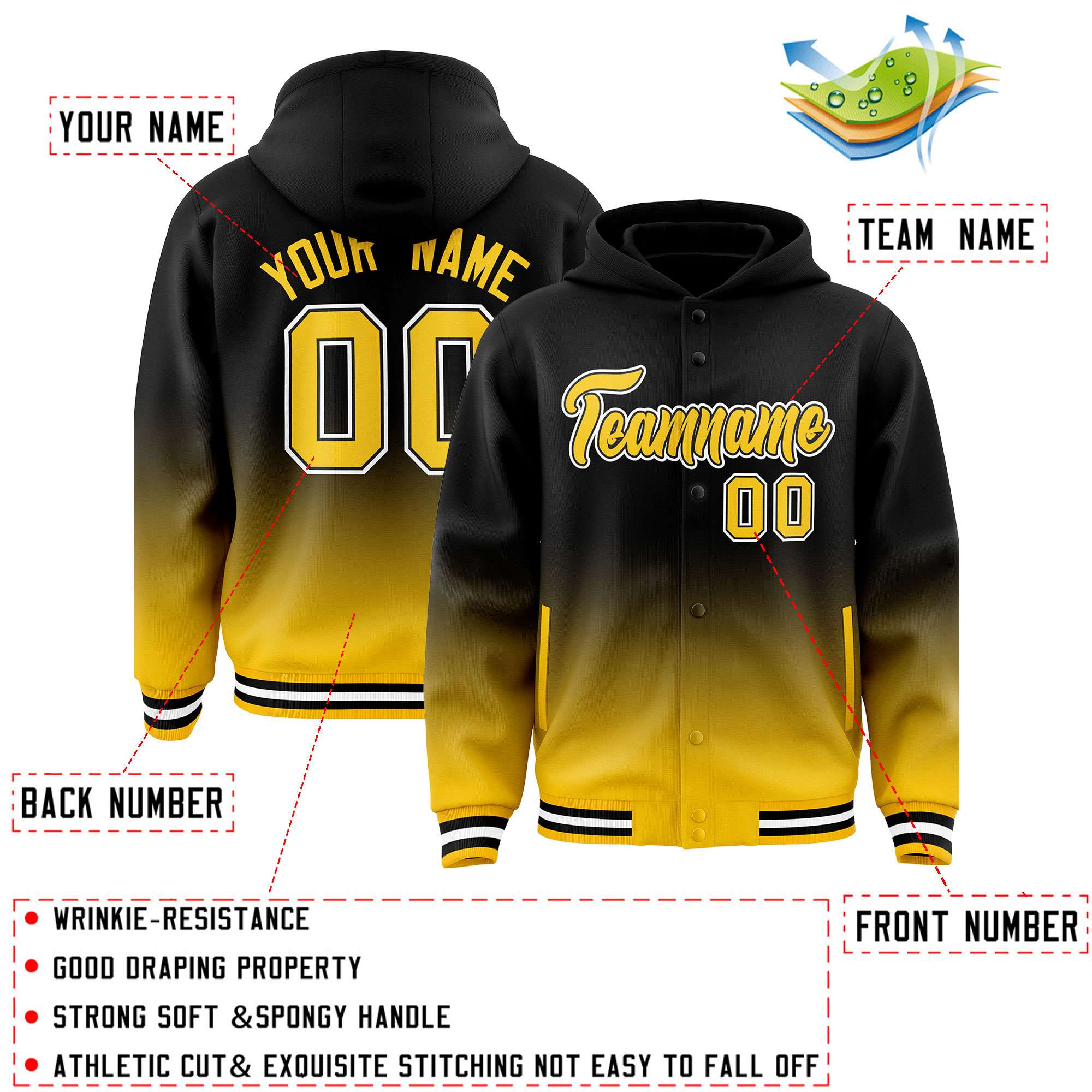 Custom Black Yellow Varsity Full-Snap Letterman Gradient Hoodie Jacket