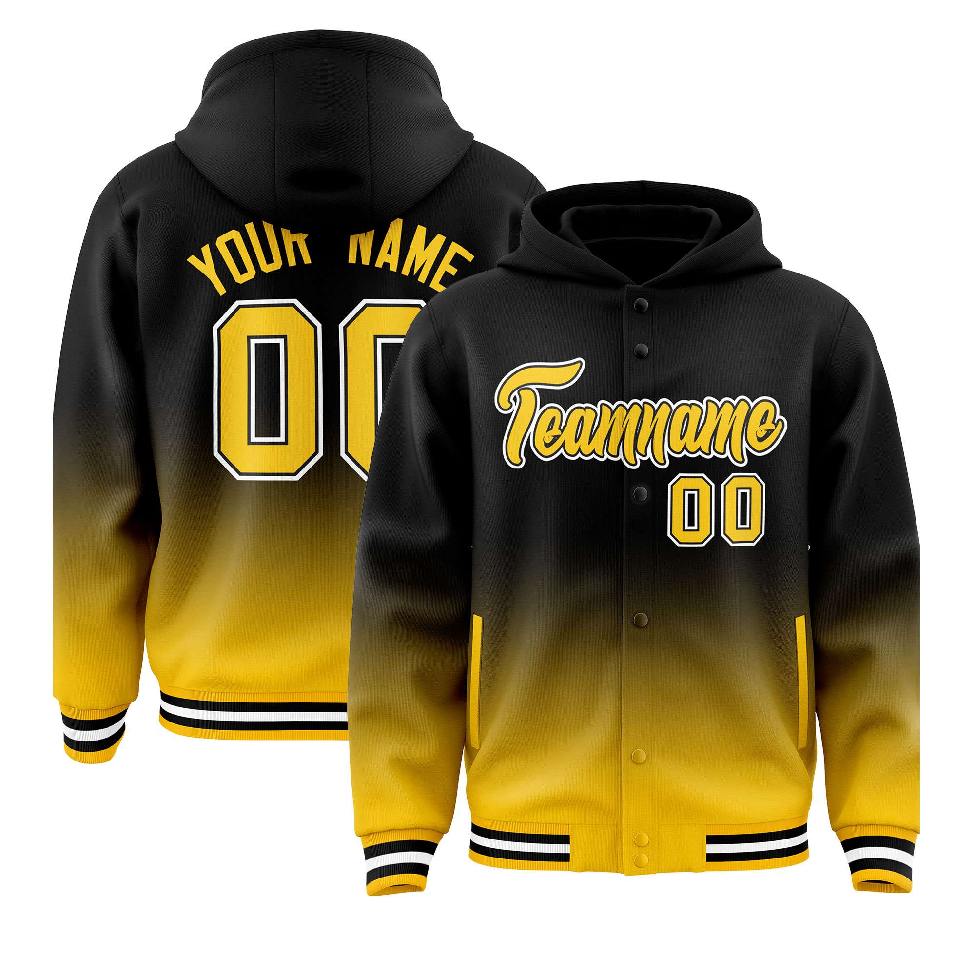 Custom Black Yellow Varsity Full-Snap Letterman Gradient Hoodie Jacket