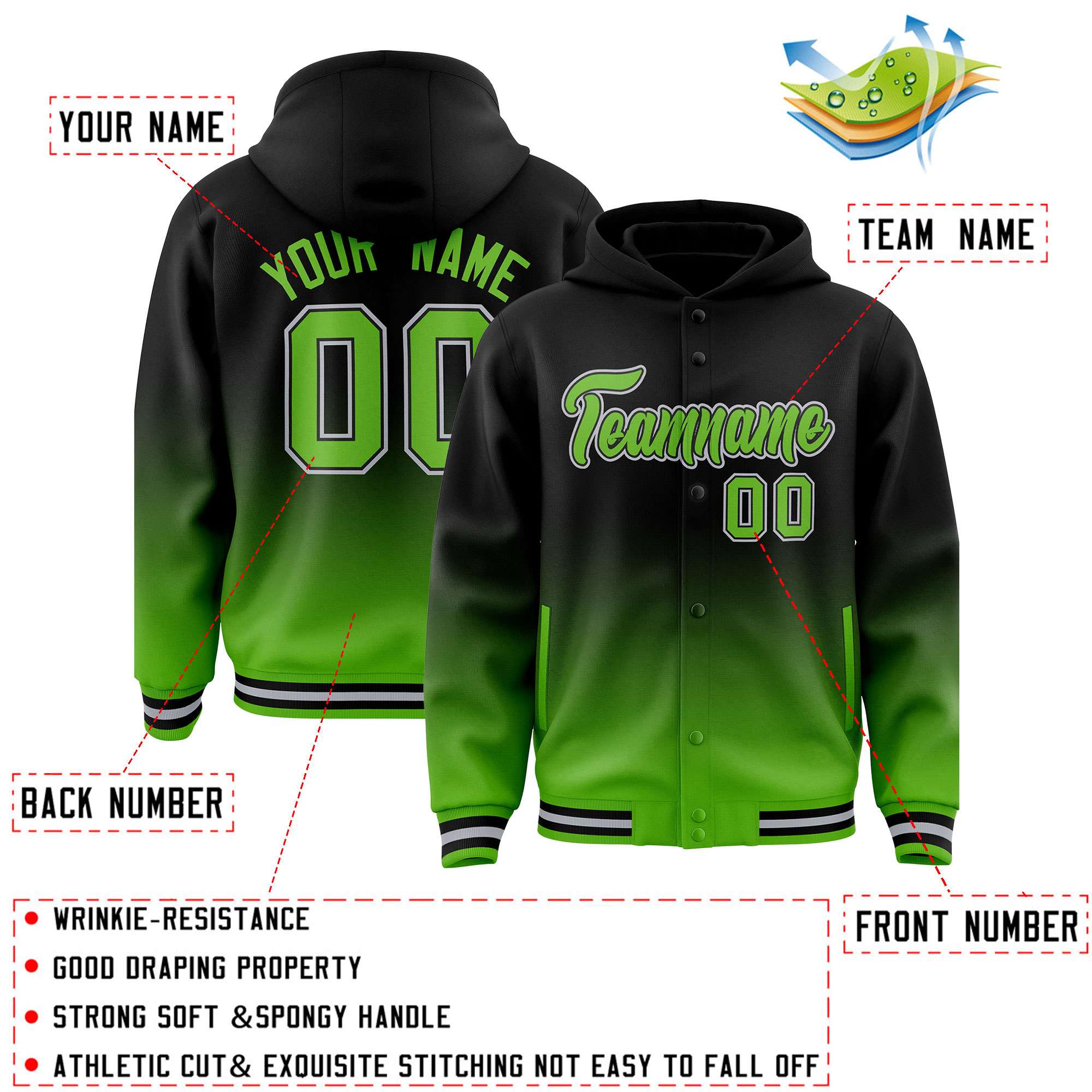 Custom Black Green Varsity Full-Snap Letterman Gradient Hoodie Jacket