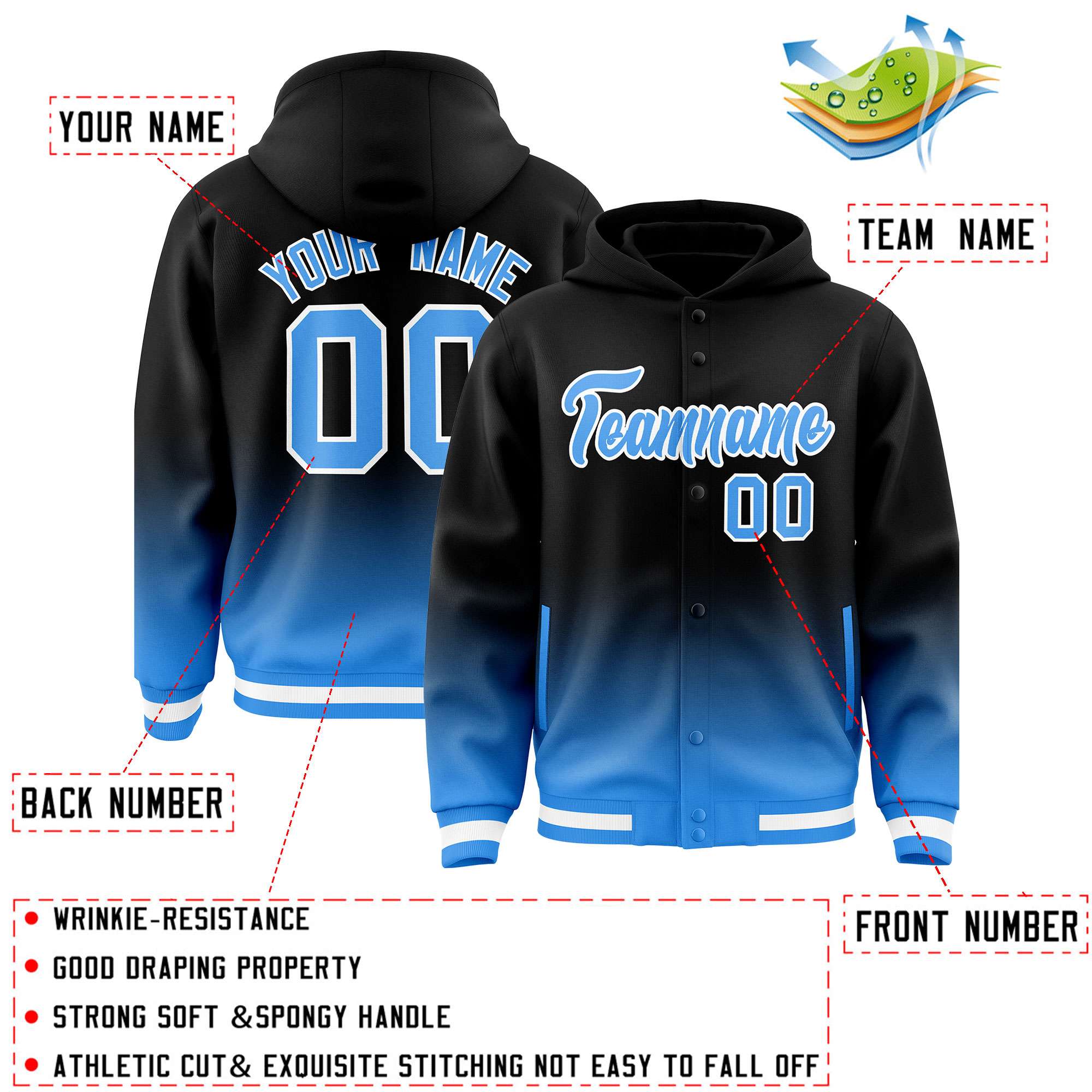 Custom Black Blue Varsity Full-Snap Letterman Gradient Hoodie Jacket