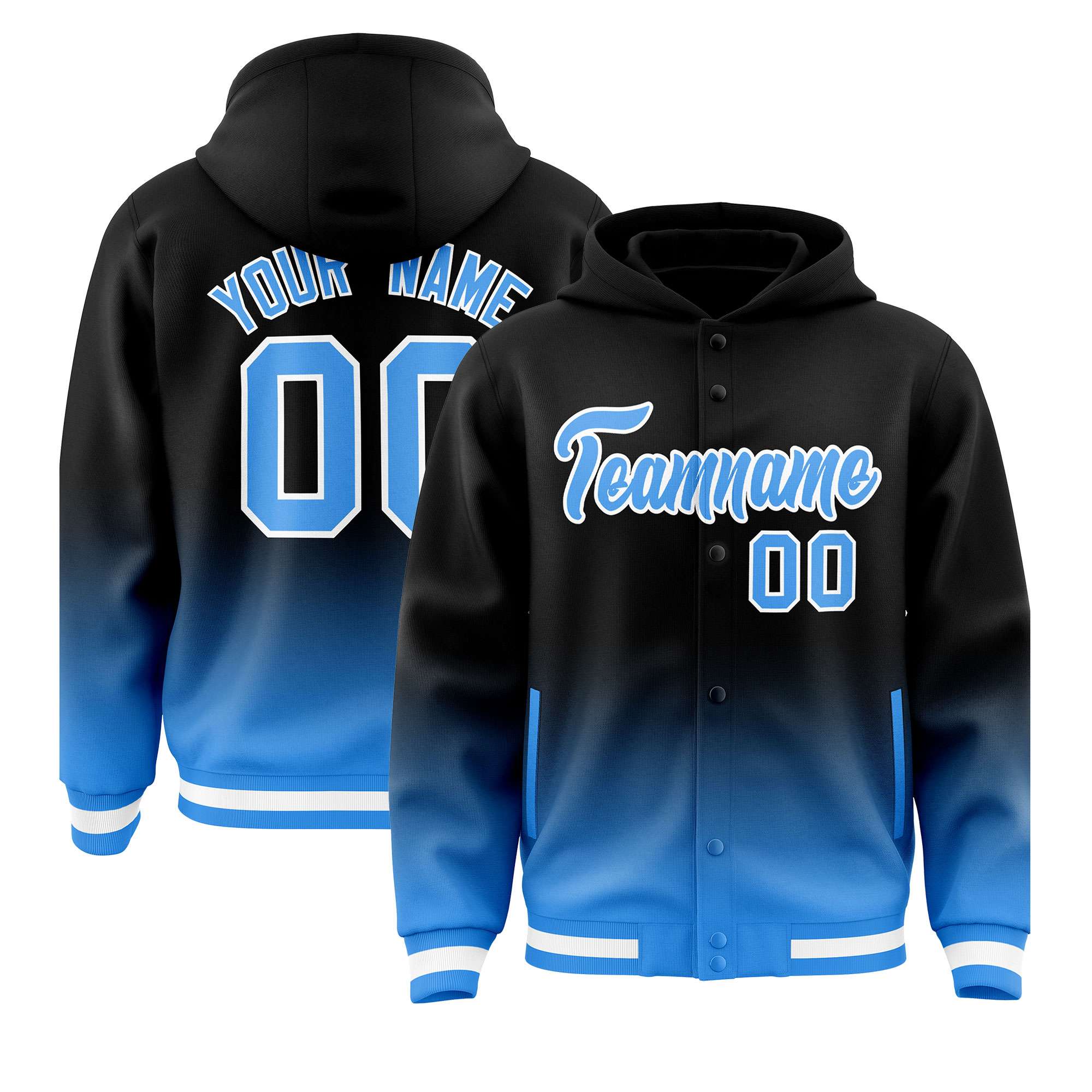 Custom Black Blue Varsity Full-Snap Letterman Gradient Hoodie Jacket