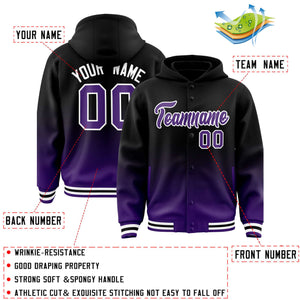 Custom Black Purple Varsity Full-Snap Letterman Gradient Hoodie Jacket