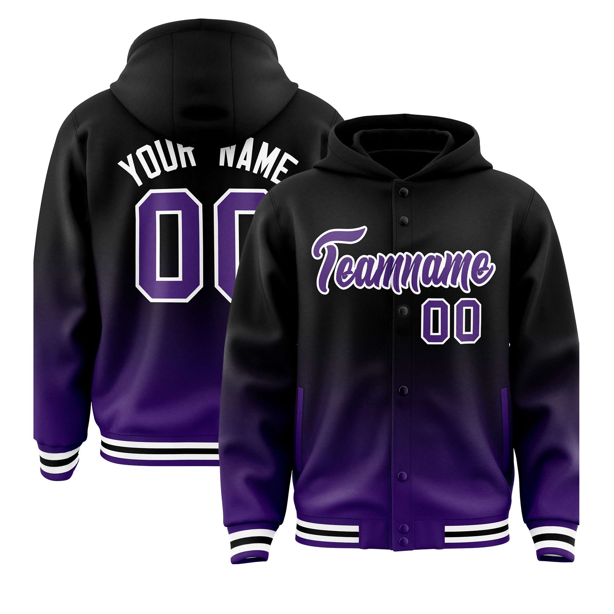 Custom Black Purple Varsity Full-Snap Letterman Gradient Hoodie Jacket