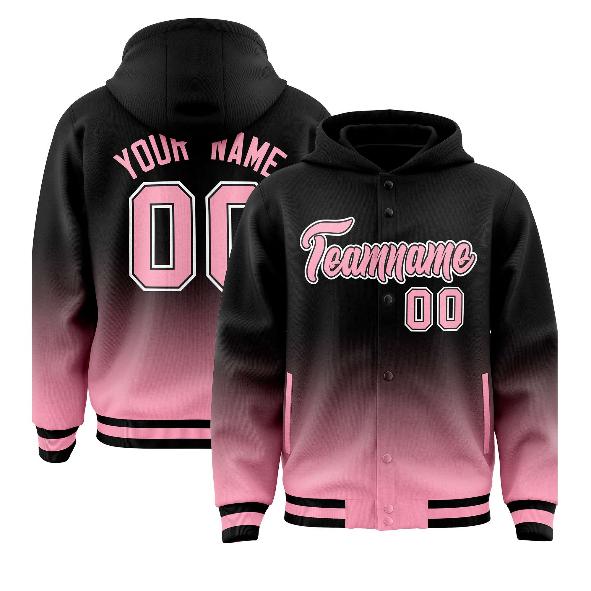 Custom Black Light Pink Varsity Full-Snap Letterman Gradient Hoodie Jacket