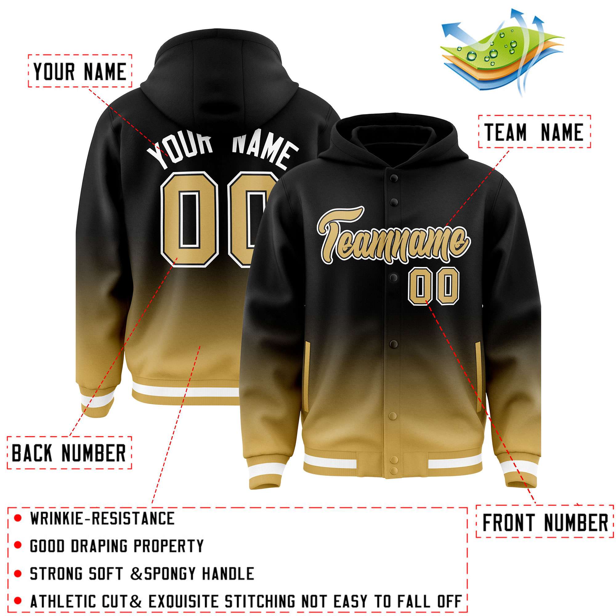 Custom Black Old Gold Varsity Full-Snap Letterman Gradient Hoodie Jacket