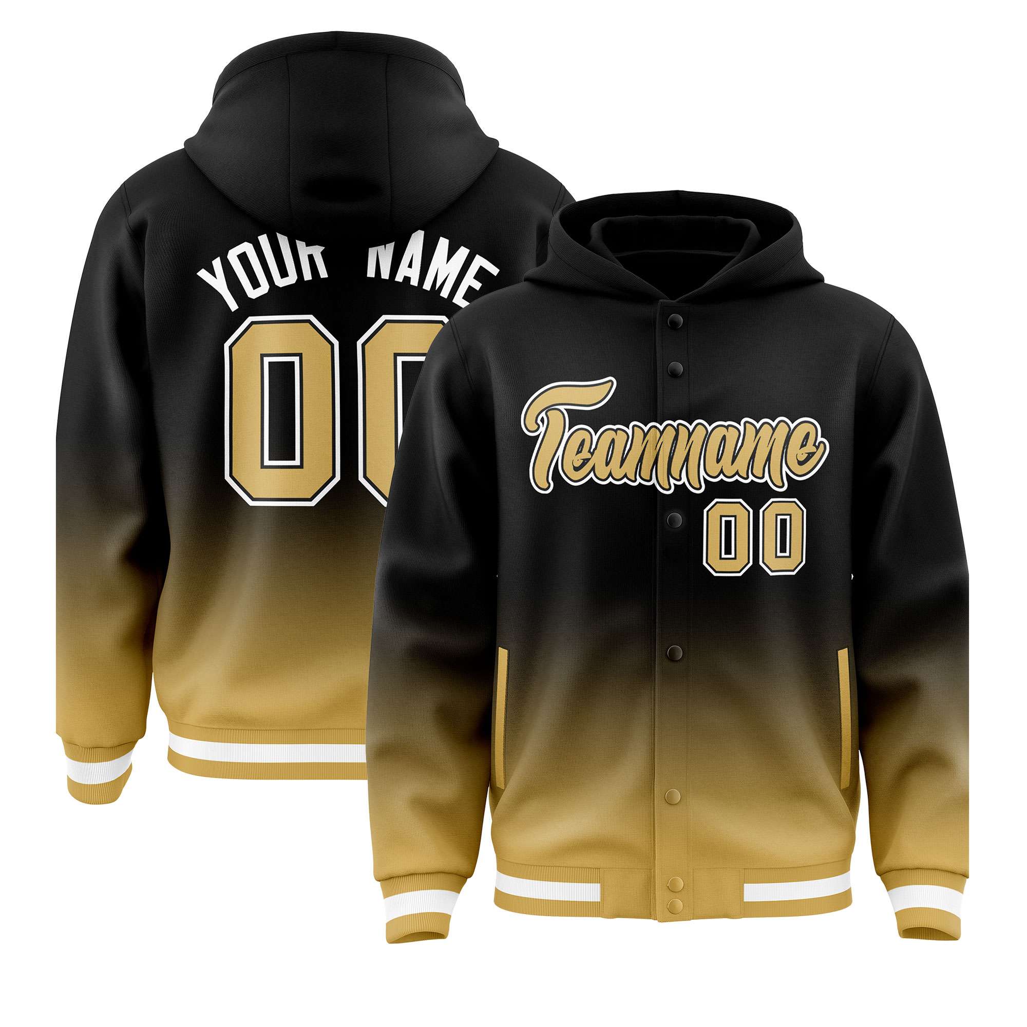 Custom Black Old Gold Varsity Full-Snap Letterman Gradient Hoodie Jacket