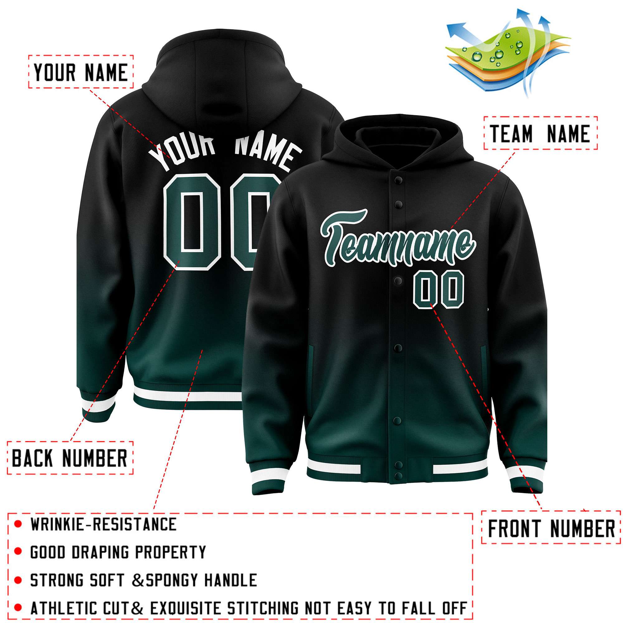 Custom Black Midnight Green Varsity Full-Snap Letterman Gradient Hoodie Jacket