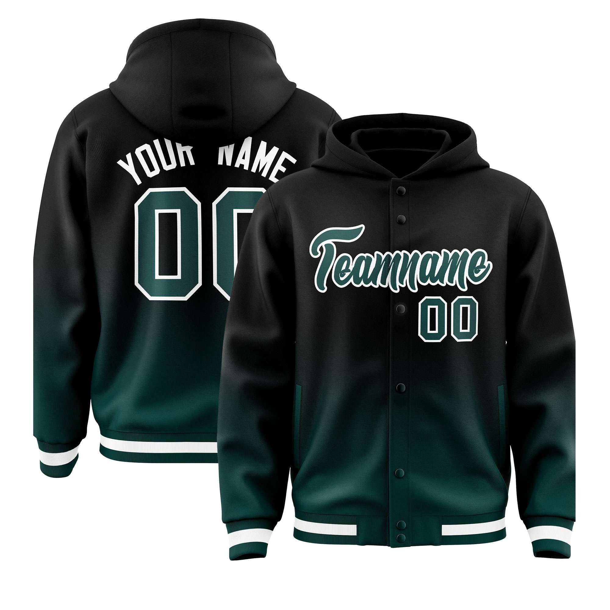 Custom Black Midnight Green Varsity Full-Snap Letterman Gradient Hoodie Jacket