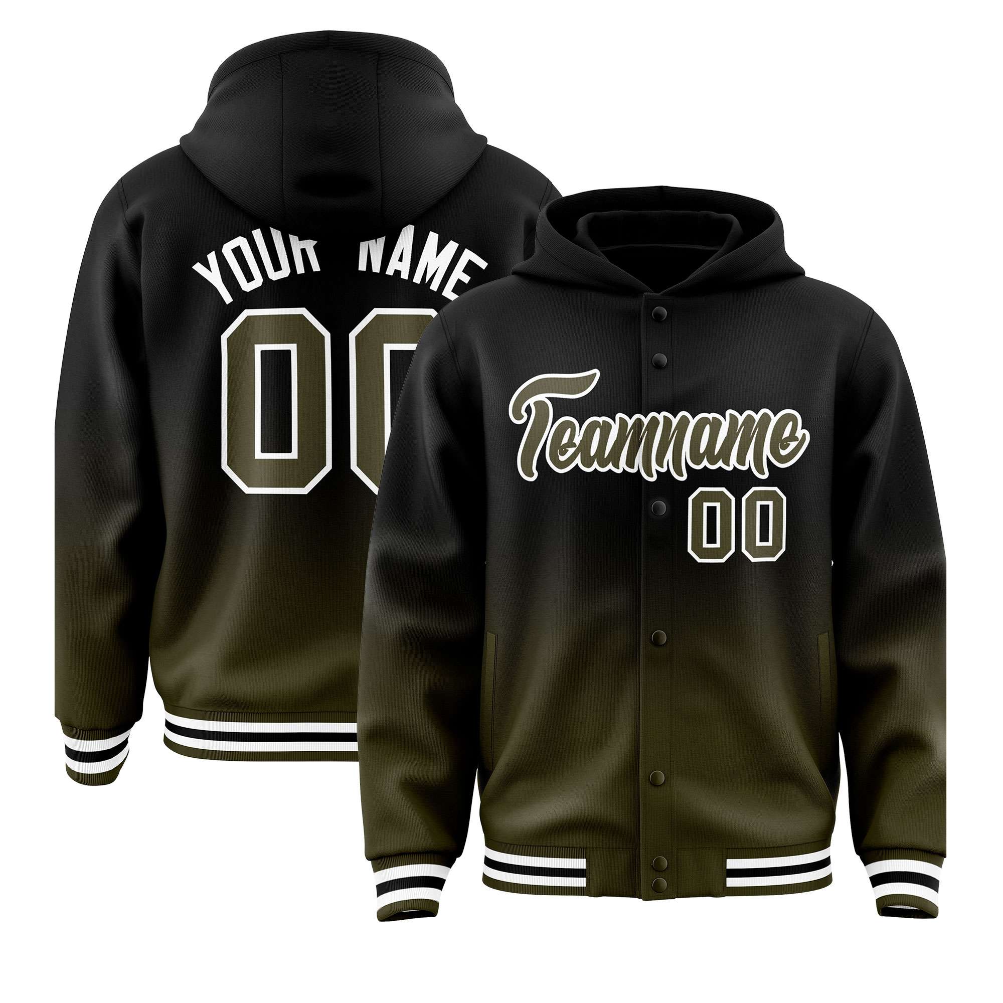 Custom Black Olive Varsity Full-Snap Letterman Gradient Hoodie Jacket