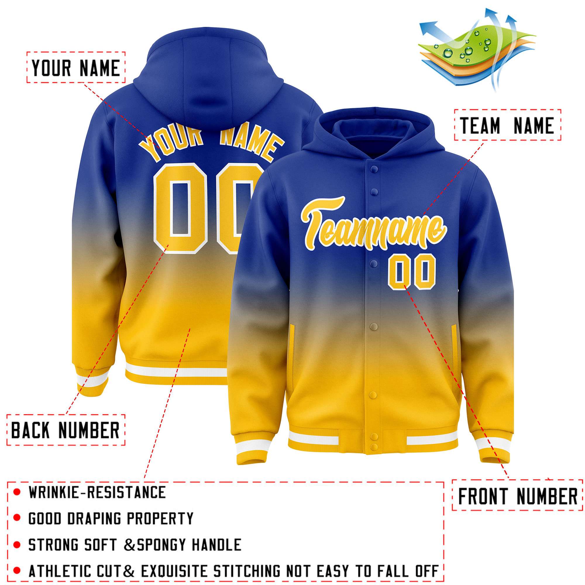 Custom Royal Yellow Varsity Full-Snap Letterman Gradient Hoodie Jacket