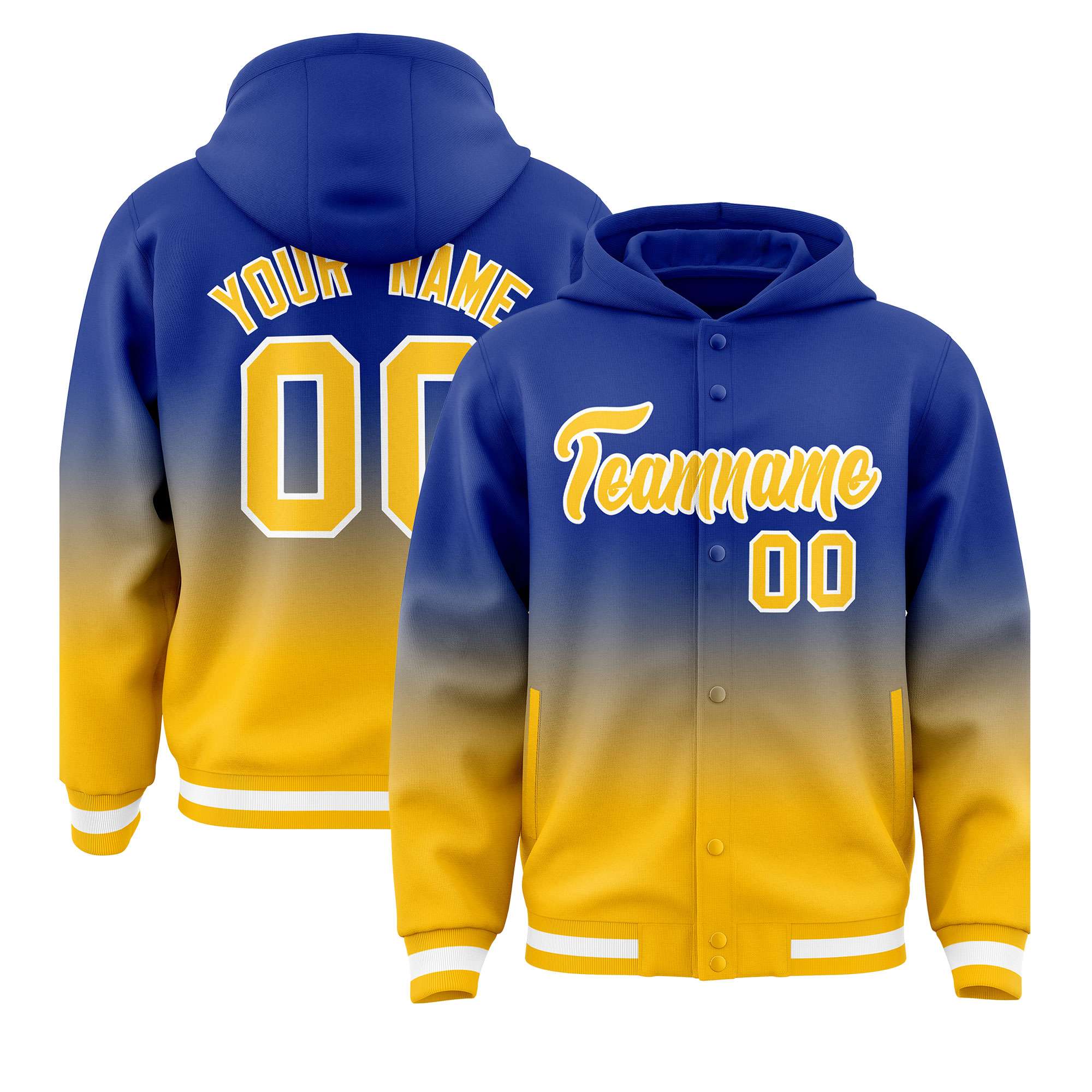 Custom Royal Yellow Varsity Full-Snap Letterman Gradient Hoodie Jacket