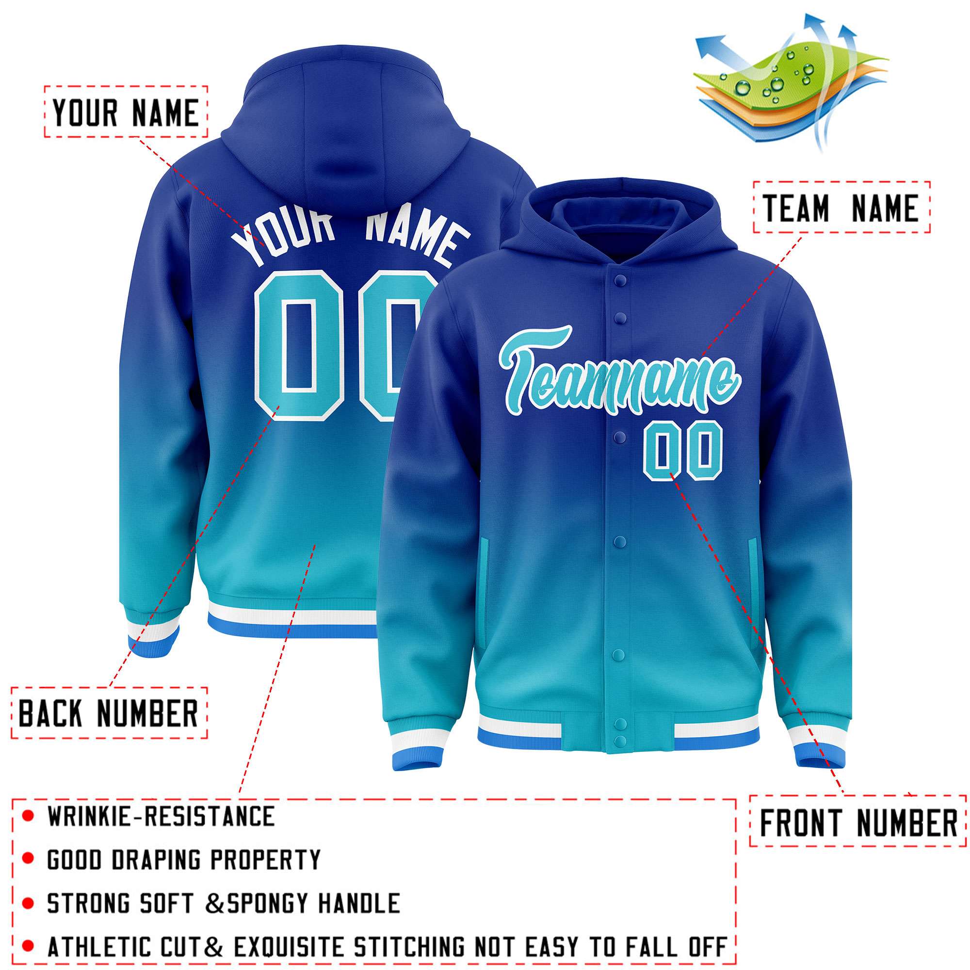 Custom Royal Sky Blue Varsity Full-Snap Letterman Gradient Hoodie Jacket