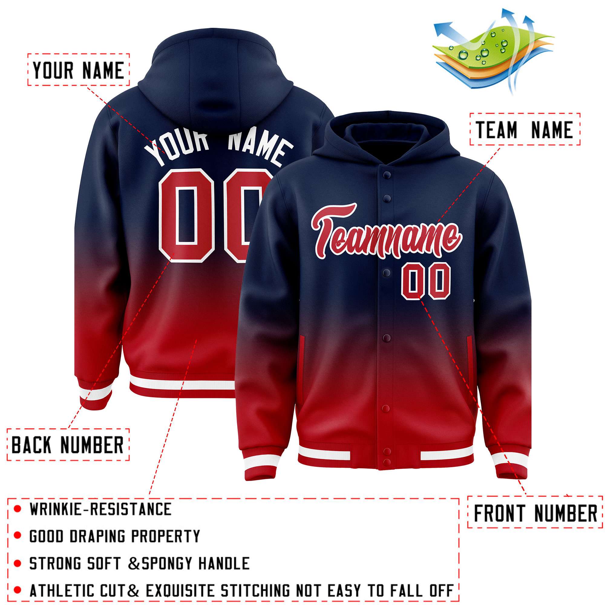 Custom Navy Red Varsity Full-Snap Letterman Gradient Hoodie Jacket