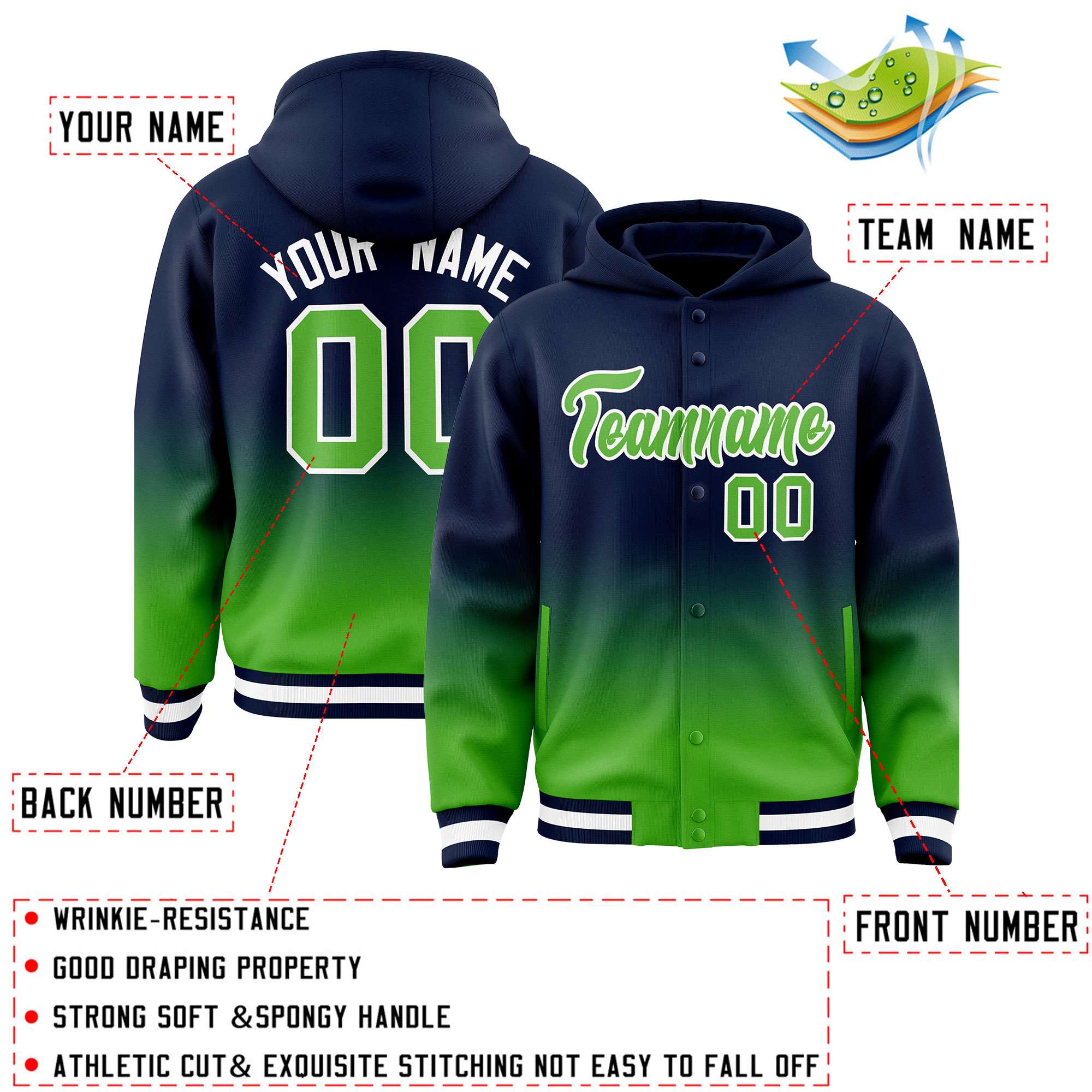 Custom Navy Light Green Varsity Full-Snap Letterman Gradient Hoodie Jacket