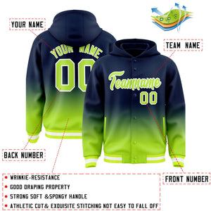 Custom Navy Neon Green Varsity Full-Snap Letterman Gradient Hoodie Jacket