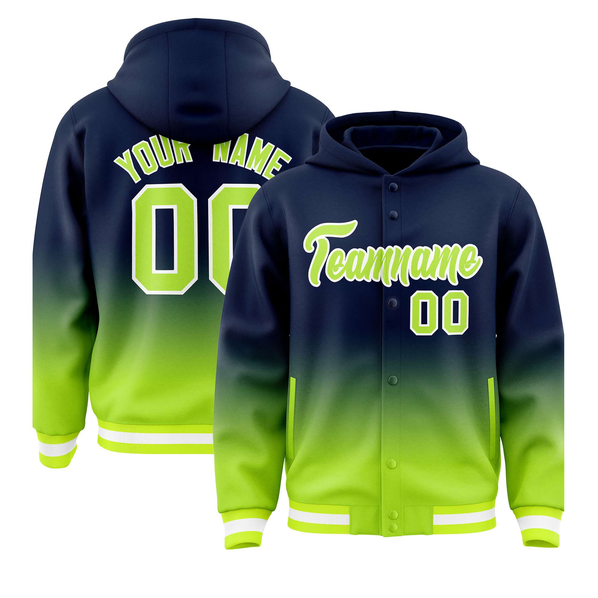 Custom Navy Neon Green Varsity Full-Snap Letterman Gradient Hoodie Jacket