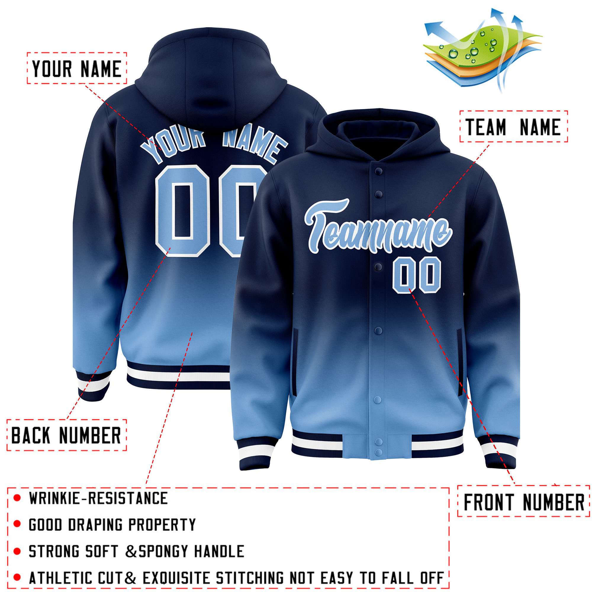 Custom Navy Powder Blue Varsity Full-Snap Letterman Gradient Hoodie Jacket