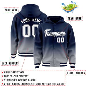 Custom Navy Gray Varsity Full-Snap Letterman Gradient Hoodie Jacket