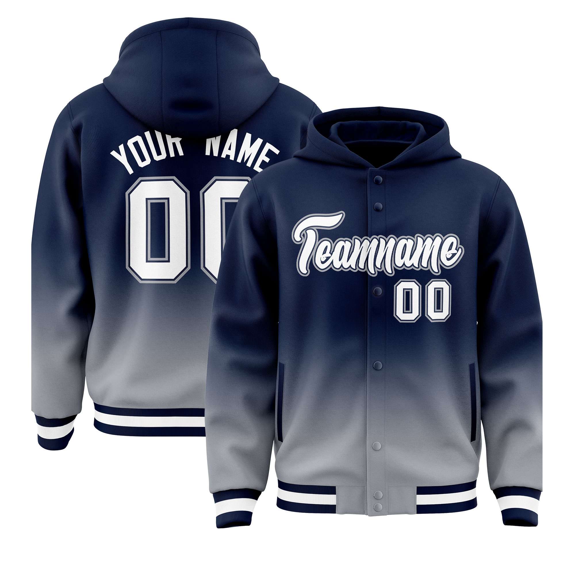 Custom Navy Gray Varsity Full-Snap Letterman Gradient Hoodie Jacket