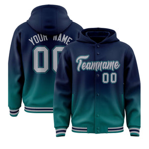 Custom Navy Aqua Varsity Full-Snap Letterman Gradient Hoodie Jacket